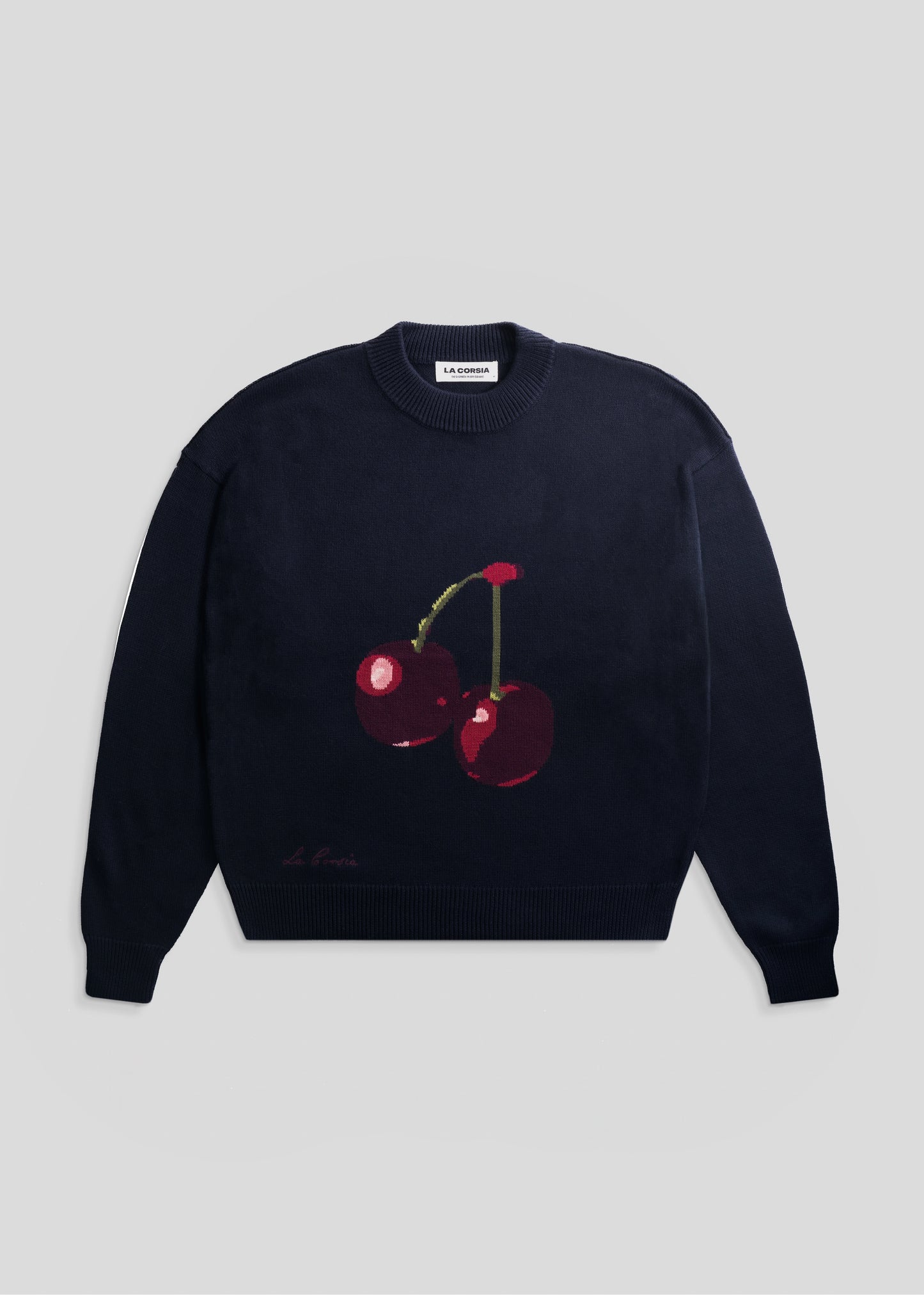 Flay lay studio photography Navy Cherry Intarsia Knit La Corsia