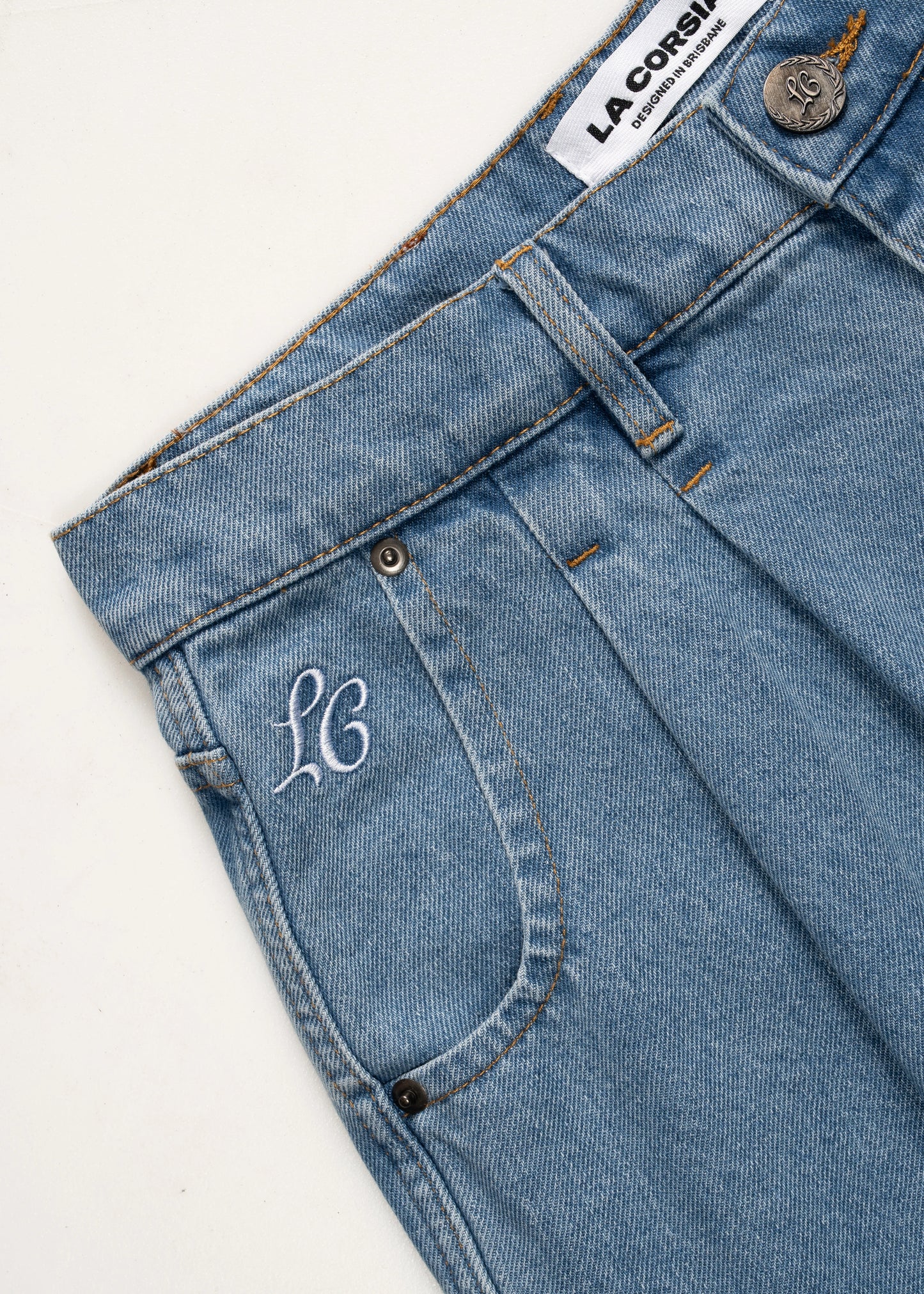 Wide Leg Pleated Shorts Denim. La Corsia Mens Jorts 100% Cotton. Flat lay closeup front photography