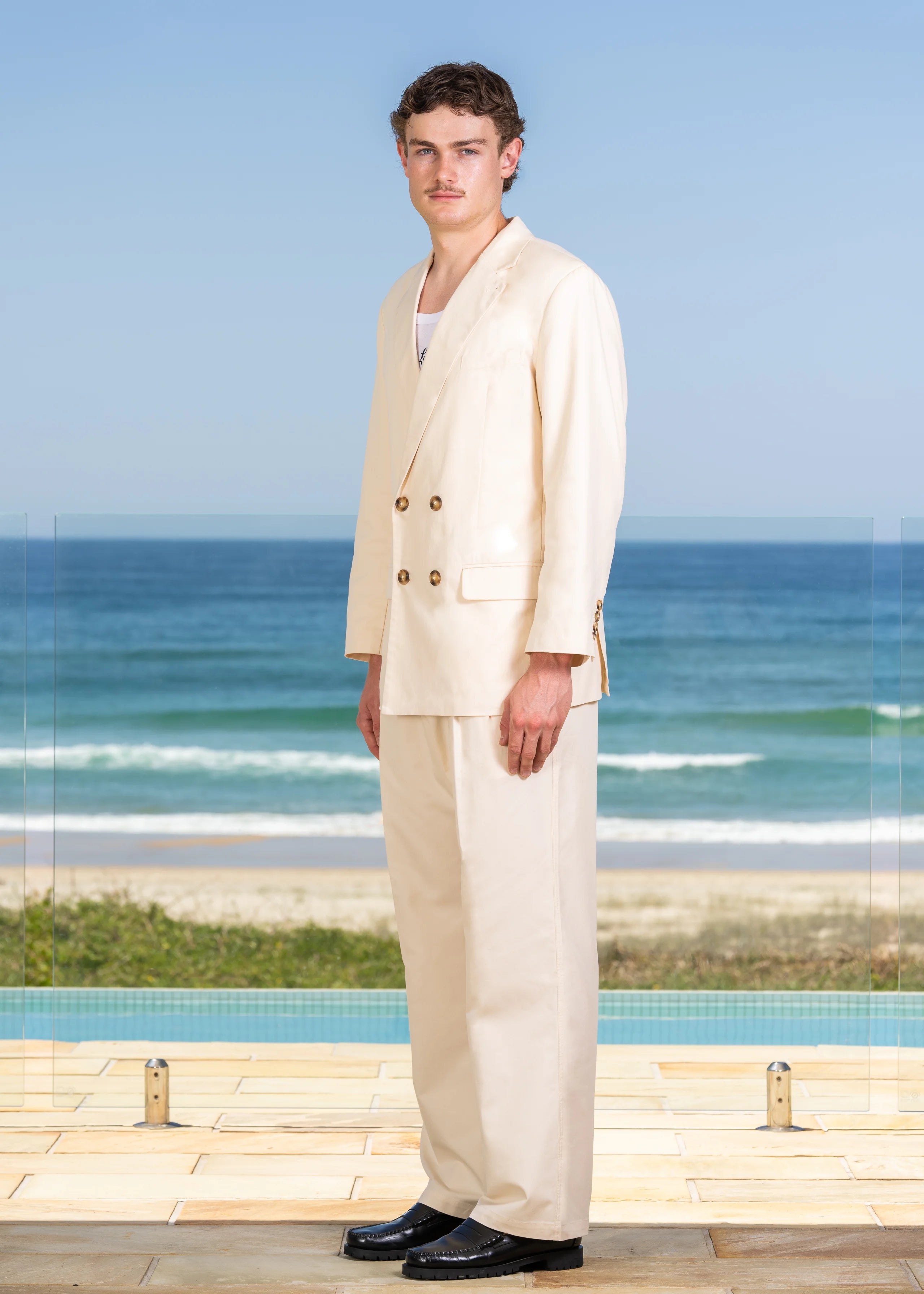 Double Breasted Jacket. Cream Double Breasted Jacket La Corsia Spring Summer 2024. Lightweight Cotton and Tencel Blend.