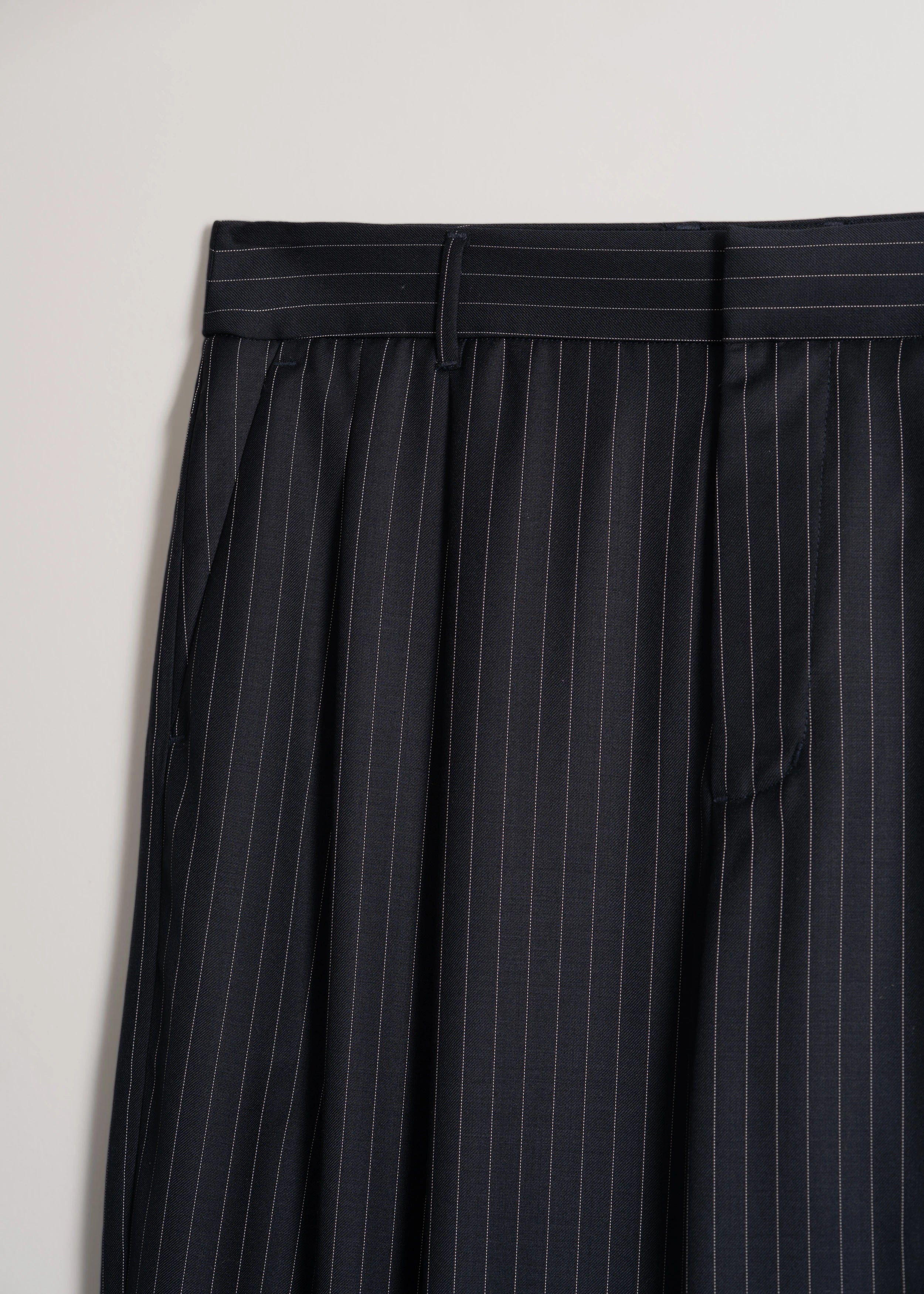 Wide Leg Navy Pinstripe Pant Wool La Corsia Flatlay