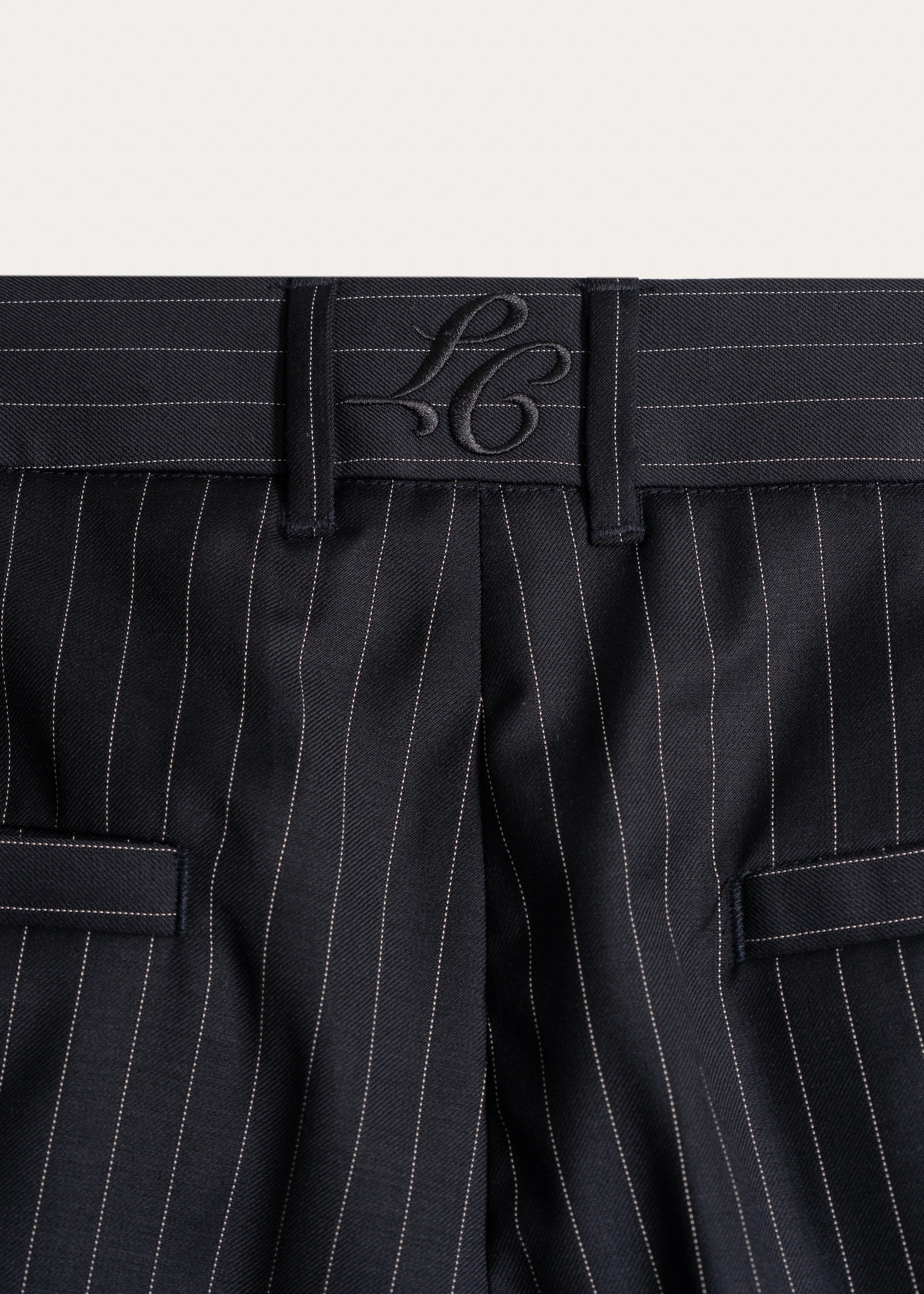 Wide Leg Navy Pinstripe Pant Wool La Corsia Flatlay
