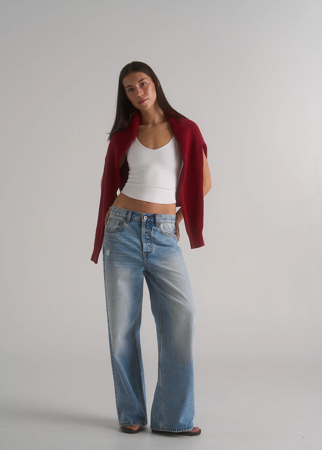 La Corsia Vintage Wash Relaxed Denim in light blue, studio model shot