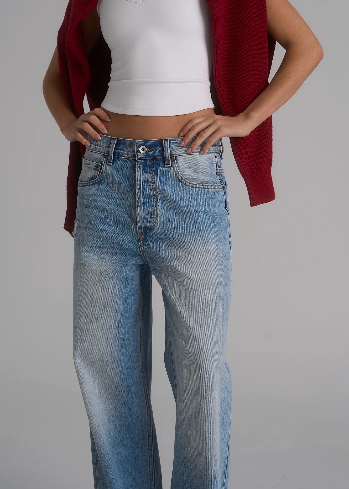 La Corsia Vintage Wash Relaxed Denim in light blue, studio model shot