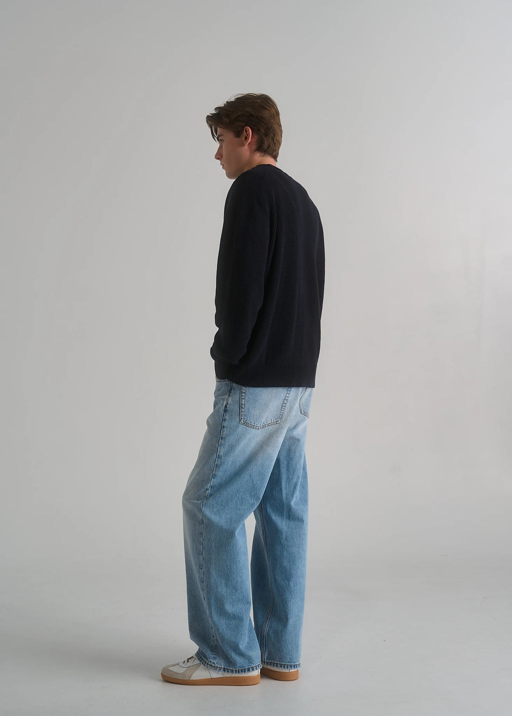 La Corsia Cotton Fisherman Sweater in deep navy, studio model shot