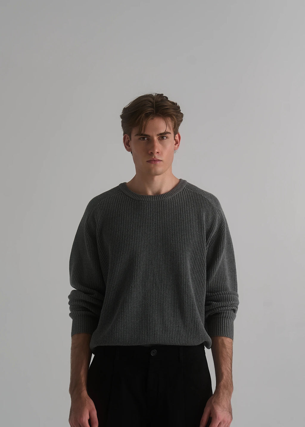 La Corsia Cotton Fisherman Sweater in grey marle, studio model shot