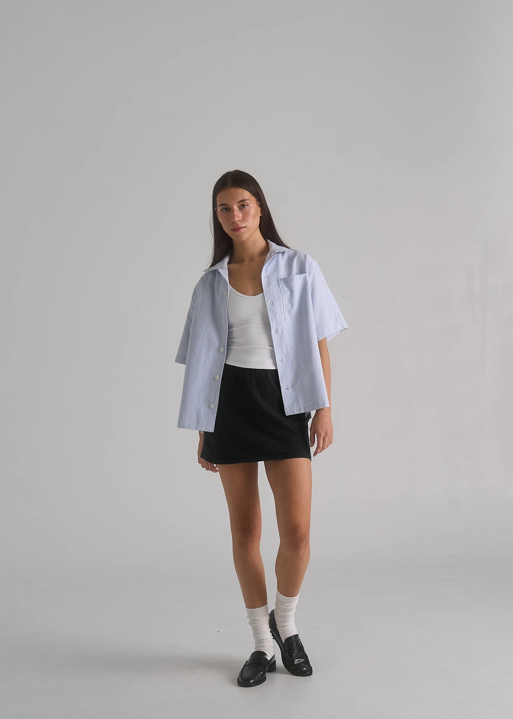 La Corsia Oversized Short Sleeve Shirt in oxford stripe, studio model shot