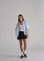La Corsia Oversized Short Sleeve Shirt in oxford stripe, studio model shot