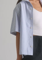 La Corsia Oversized Short Sleeve Shirt in oxford stripe, studio model shot