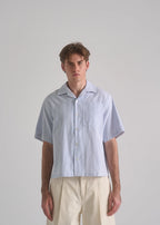 La Corsia Oversized Short Sleeve Shirt in oxford stripe, studio model shot
