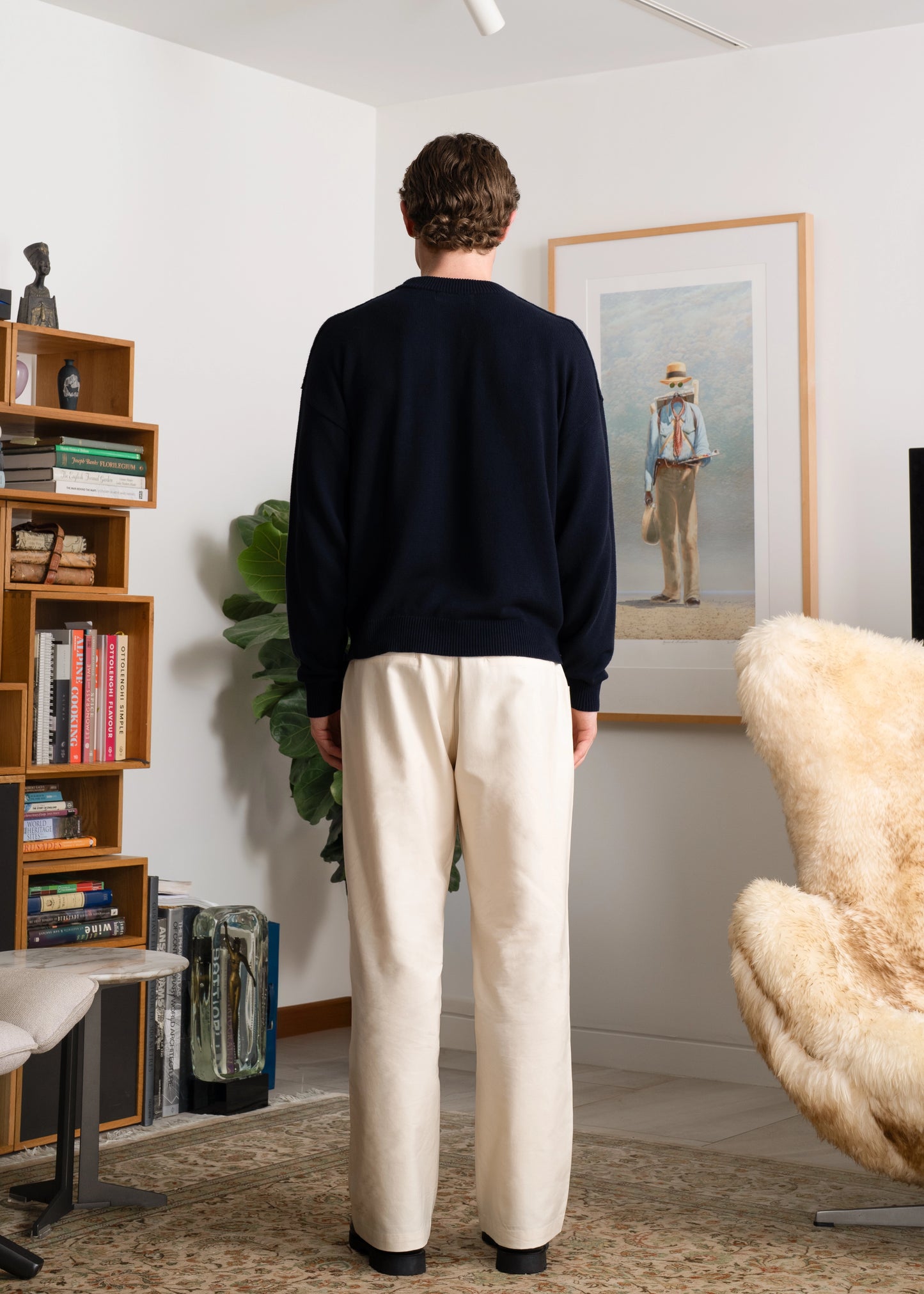 Studio Photography back view of model wearing Cherry Intarsia Knit