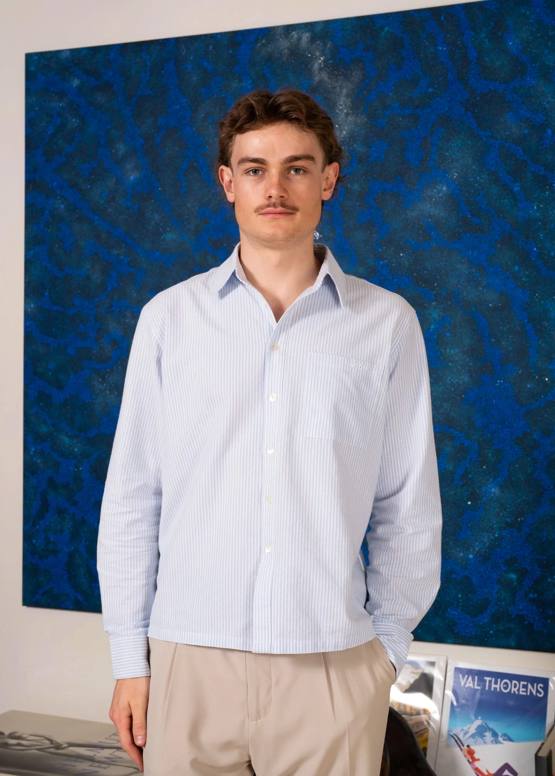 Detailed closeup front-on view of model wearing Blue Stripe Business Shirt