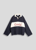 Navy rugby shirt with white collar and 'Corsia' logo on a light gray background