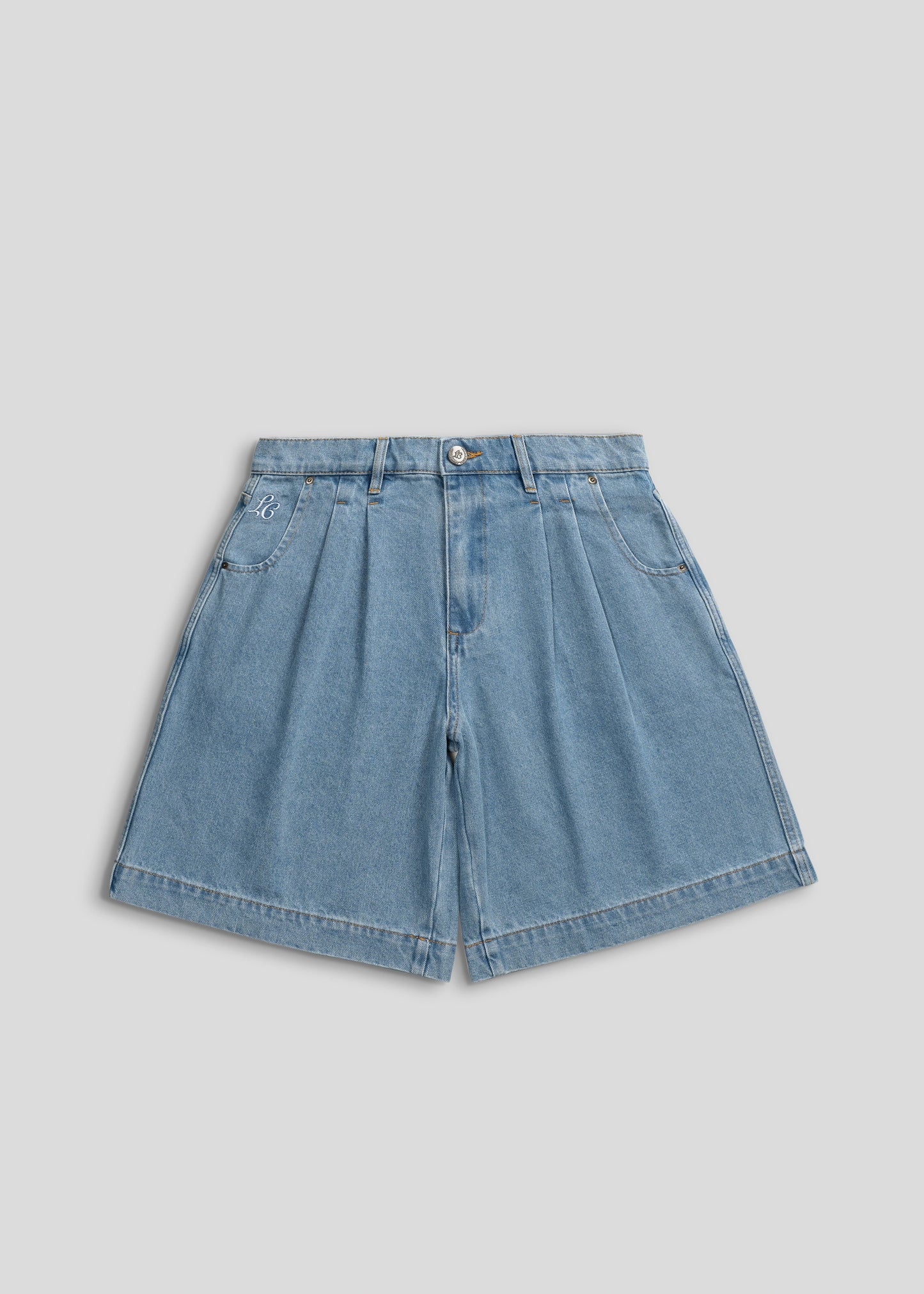 Wide Leg Pleated Shorts Denim. La Corsia Jorts 100% Cotton. Flat lay front photography