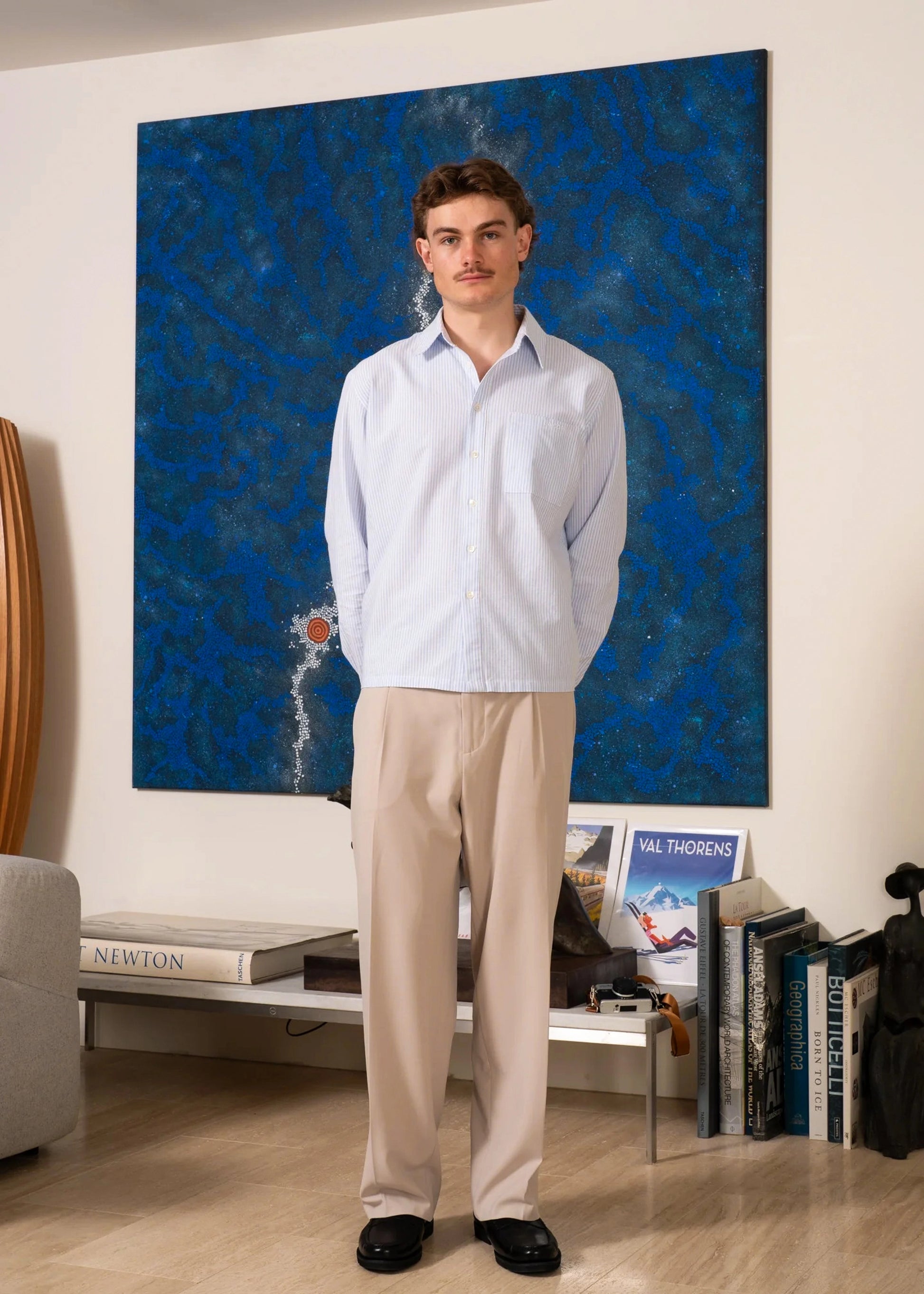 Model wearing Blue Stripe Business Shirt, front on view.