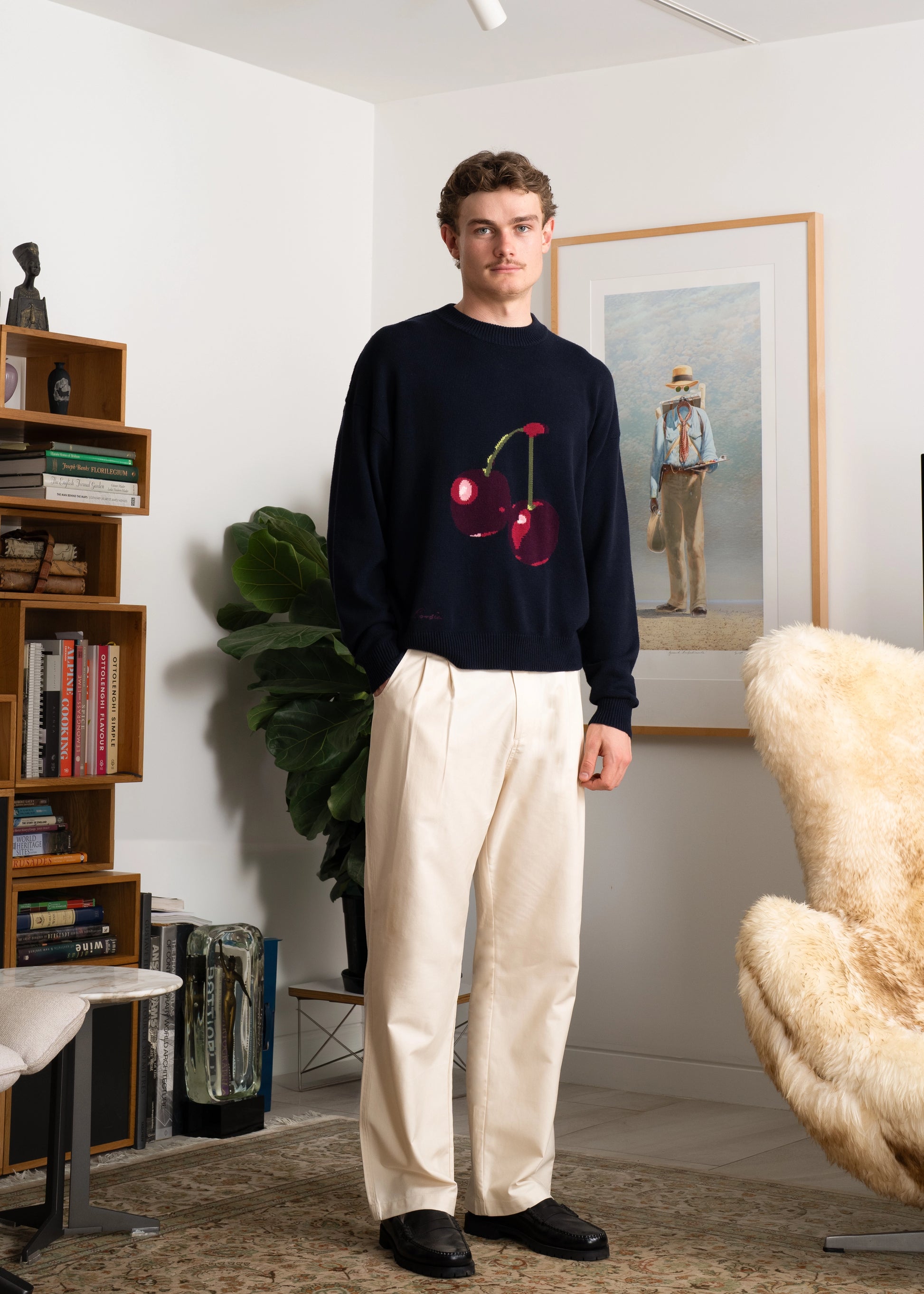 Cherry Intarsia Knit Front on photography in studio