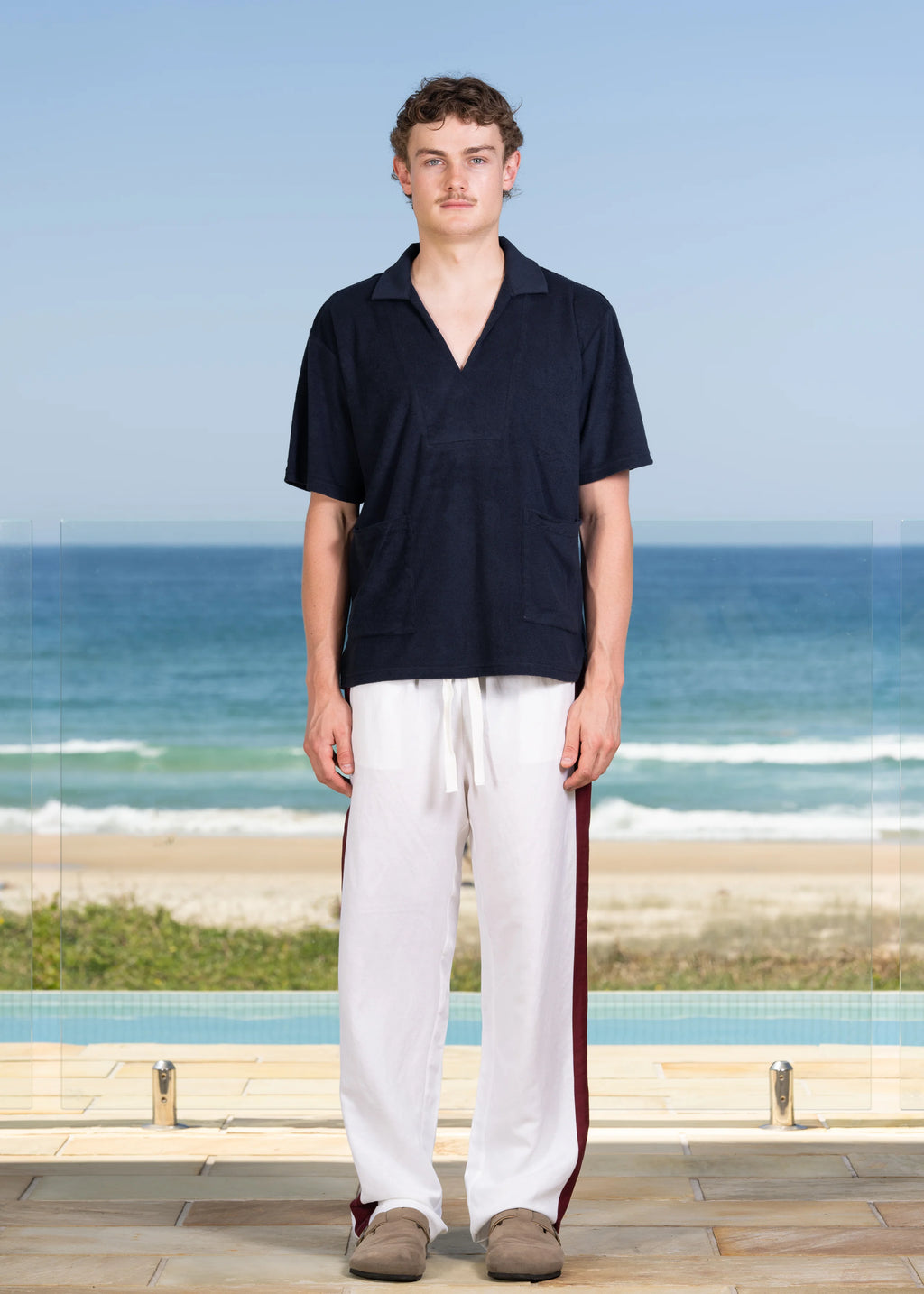 Front on model view of straight leg Side Seam Linen Pant.