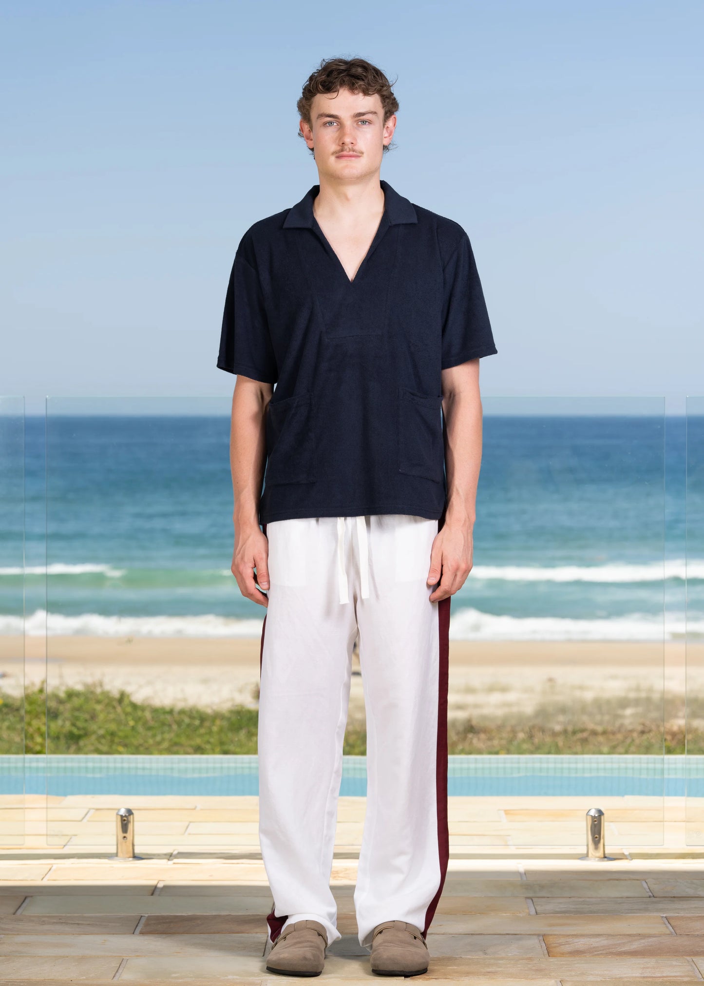 Front on model view of straight leg Side Seam Linen Pant.