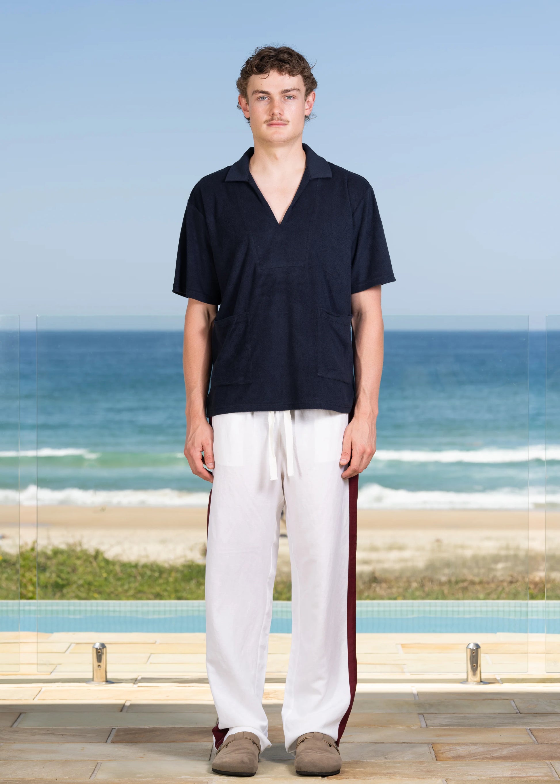 Front on model view of straight leg Side Seam Linen Pant.