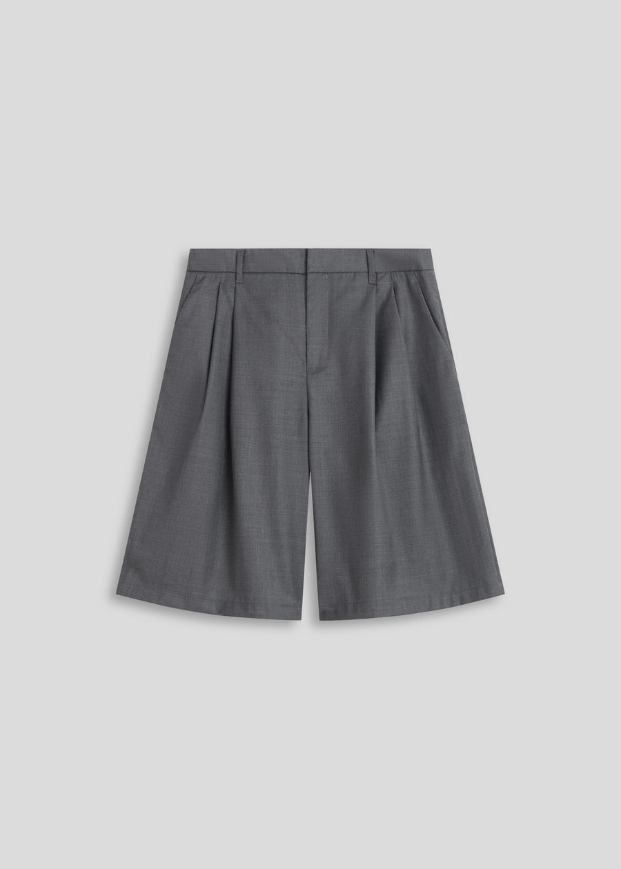 La Corsia Tailored Wool Short in grey, flat lay on a plain background