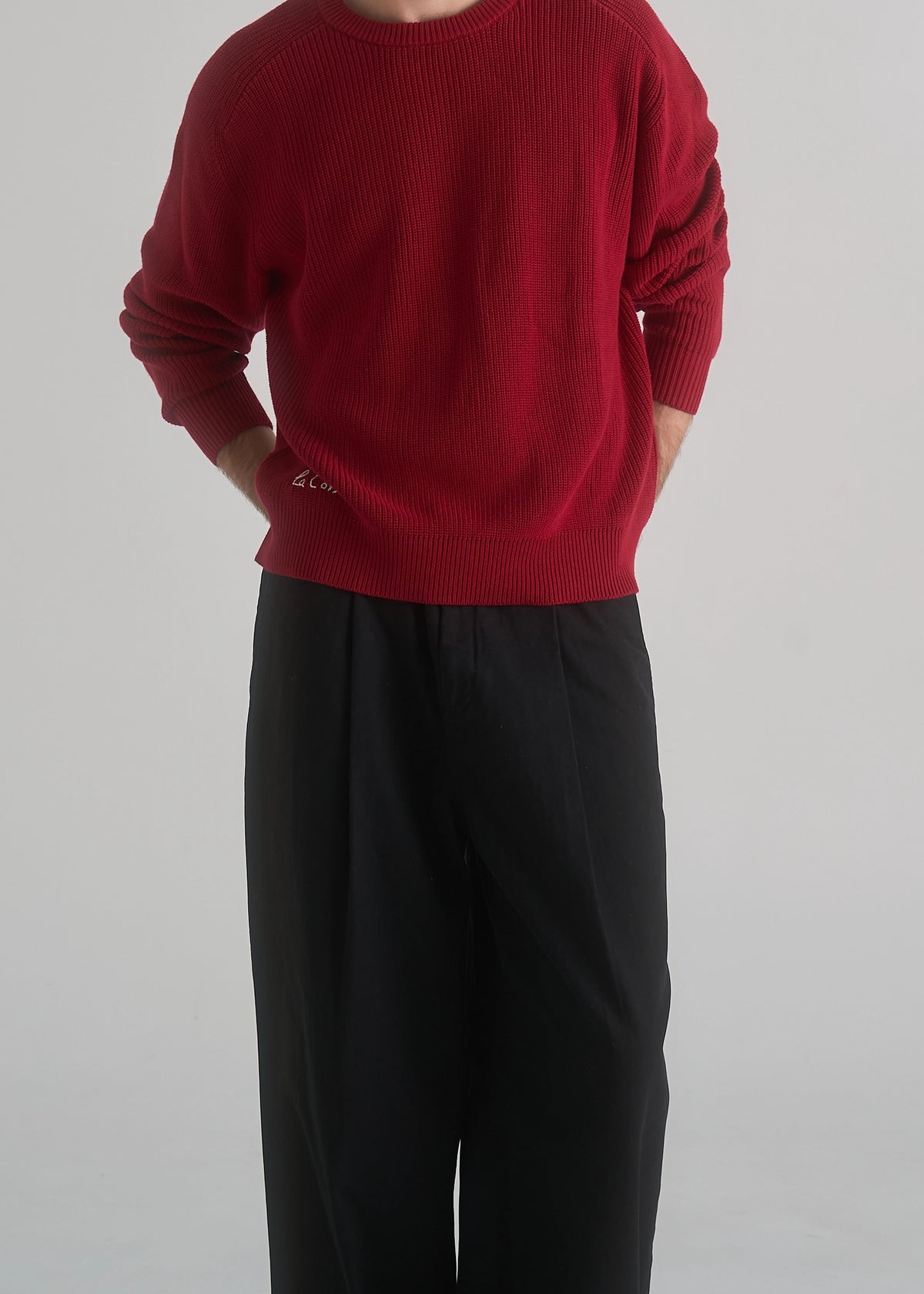 La Corsia Wide Leg Pleated Trouser in washed black, worn by a model on a plain studio background