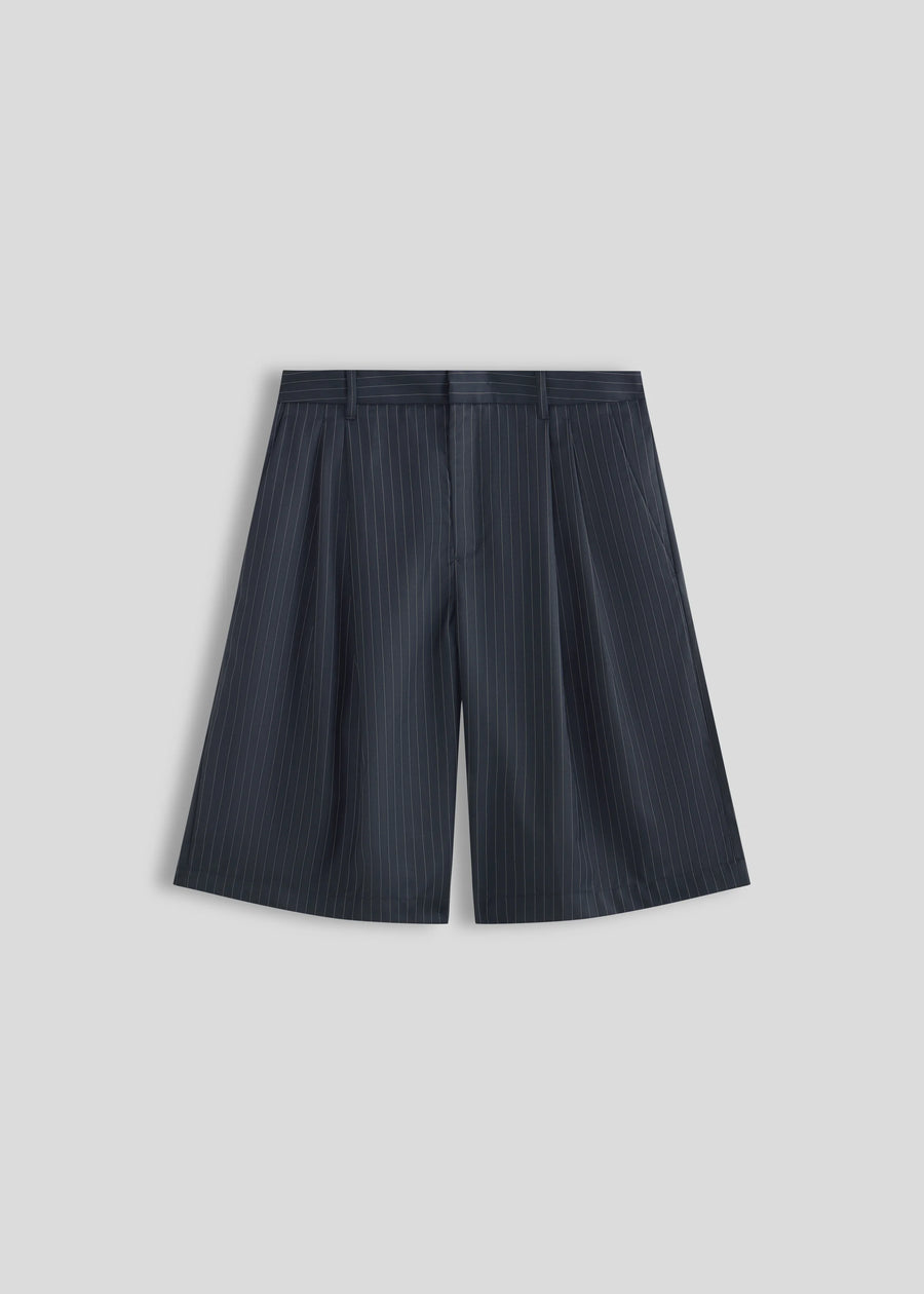 La Corsia Tailored Wool Short in navy pinstripe, product flat lay on a plain background