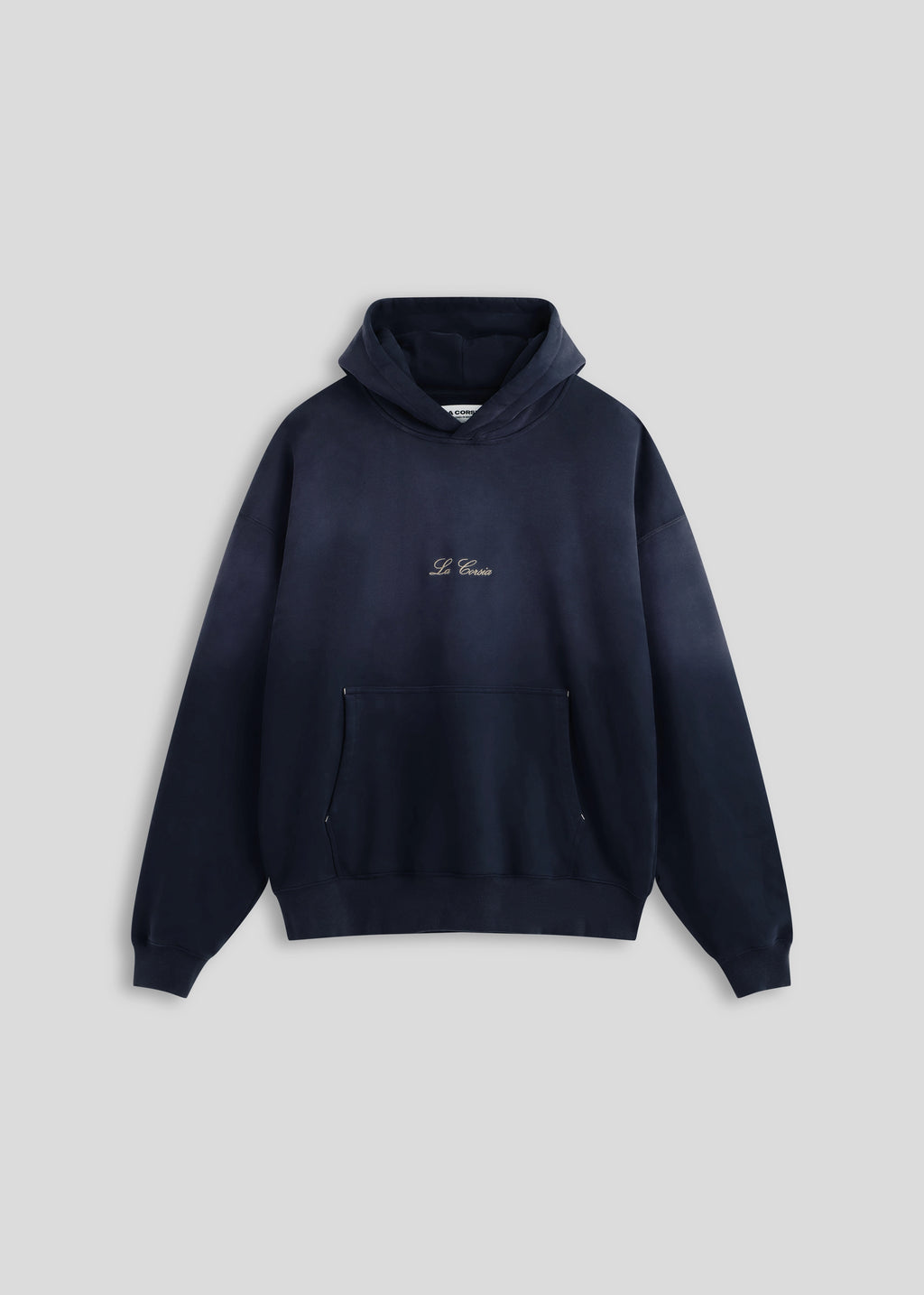 La Corsia Washed Script Hoodie in washed navy, product flat lay on a plain background