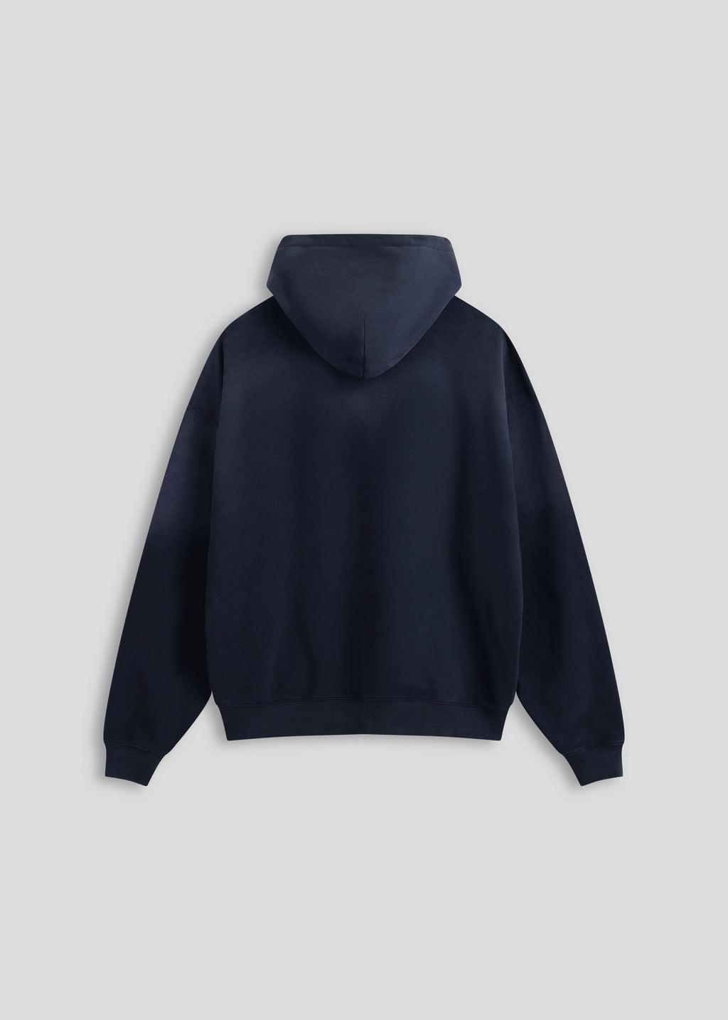 La Corsia Washed Script Hoodie in washed navy, flat lay on a plain background