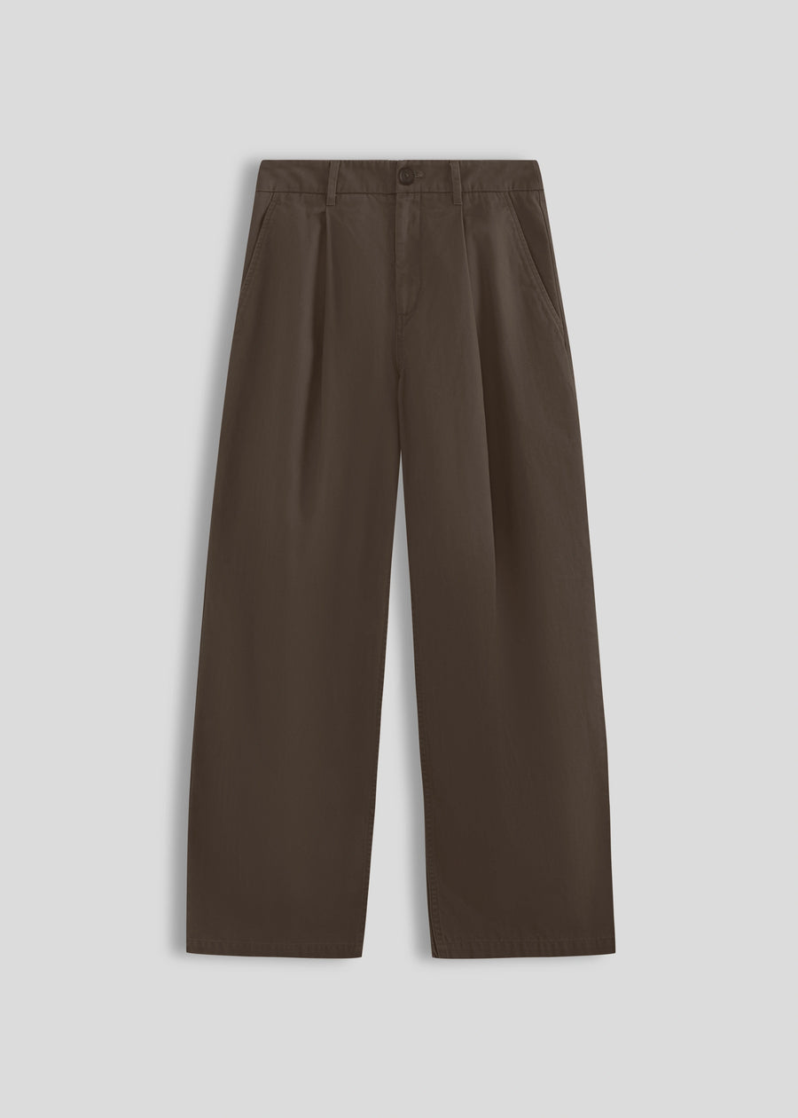La Corsia Wide Leg Pleated Trouser in washed brown, front flat lay on a plain background