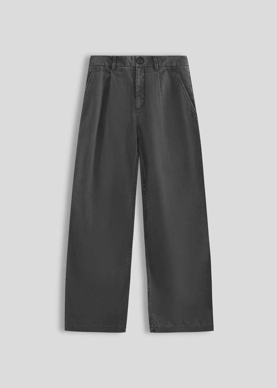 La Corsia Wide Leg Pleated Trouser in washed grey, front flat lay on a plain background