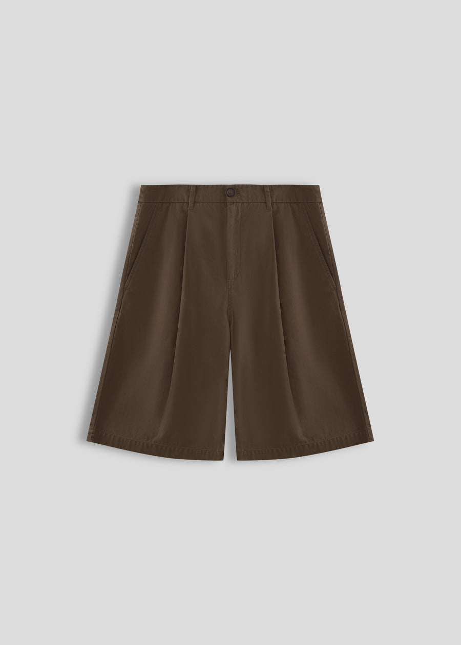 La Corsia Wide Leg Pleated Short in washed brown, back flat lay on a plain background