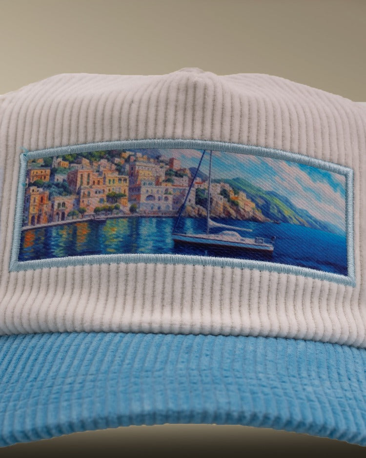 Closeup patchwork, corduroy cap. The Amalfi Collection. La Corsia.